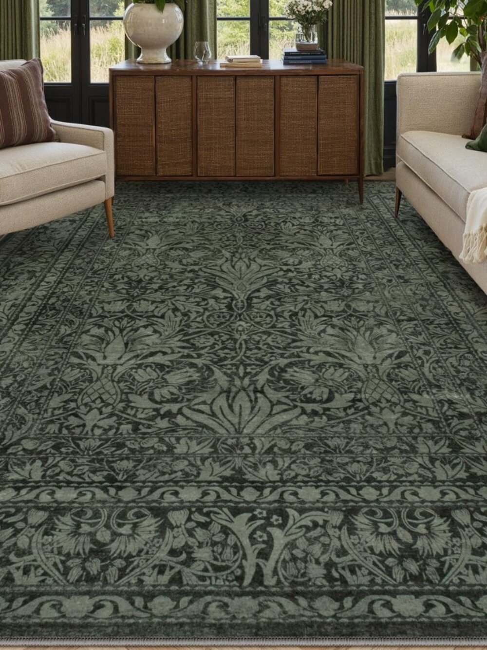 Floral Washable 8x10 Rugs for Living Room, Green Boho Bedroom Rug